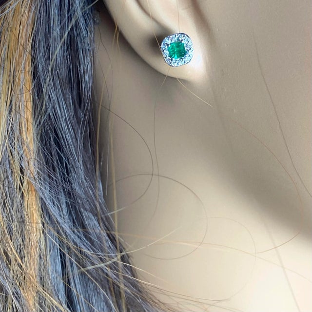 Green Emerald Shaped Emerald Diamond 1.20 Carat Halo 14 Karat White Gold 0.32 Inch Earrings - 2 Pieces For Sale - Image 8 of 10