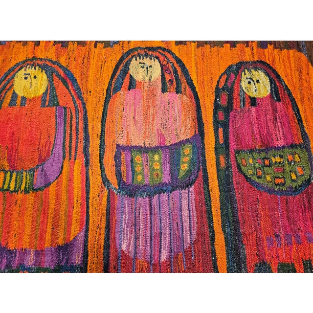 Textile Vintage Mid-Century Tapestry, Handwoven Wool, Folkloric Schoolgirls Design, Crimson & Yellow, 38” X 70” For Sale - Image 7 of 11