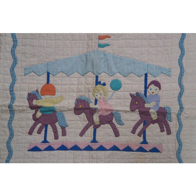 1960s Vintage Merry Go Round Crib Quilt Applique Cotton Childrens Toddler For Sale - Image 4 of 11