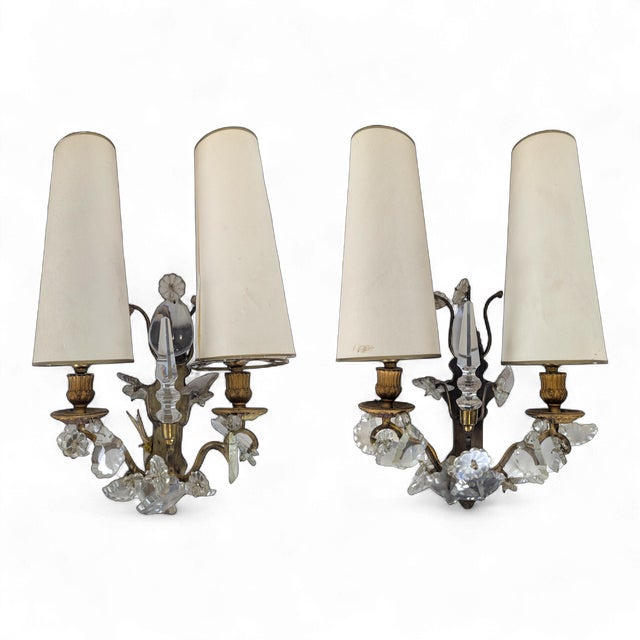 Crystal Wall Sconces with White Shades, Set of 2 For Sale - Image 12 of 12