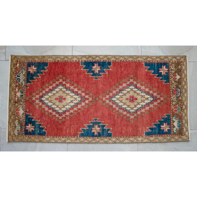 Textile 1970s Distressed Low Pile Turkish Petite Rug Hand Knotted Entry Mat - 20'' X 41'' For Sale - Image 7 of 10