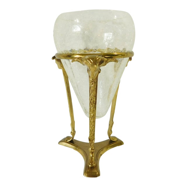 Vintage Solid Brass Ram's Head & Feet Crackle Glass Floating Vase With Base For Sale