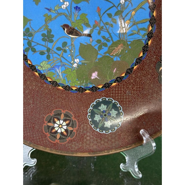 Paint Meiji Japanese Cloisonne Enamel Plate Charger Bird Among Flowering Vines Goto For Sale - Image 7 of 11