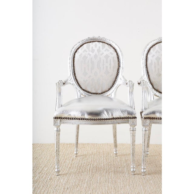 French French Louis XVI Style Silver Leaf Metallic Armchairs - a Pair For Sale - Image 3 of 12