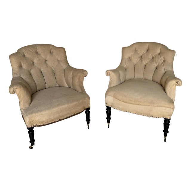 Pair of Small Scale French Napoleon III Armchairs With Diamond Tufting For Sale