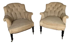 Pair of Small Scale French Napoleon III Armchairs With Diamond Tufting