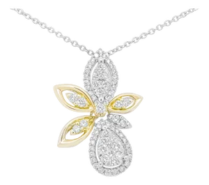 14K White and Yellow Gold 5/8 Cttw Round Diamond Marquise Floral Style 18" Pendant Necklace (H-I Color, I1-I2 Clarity)