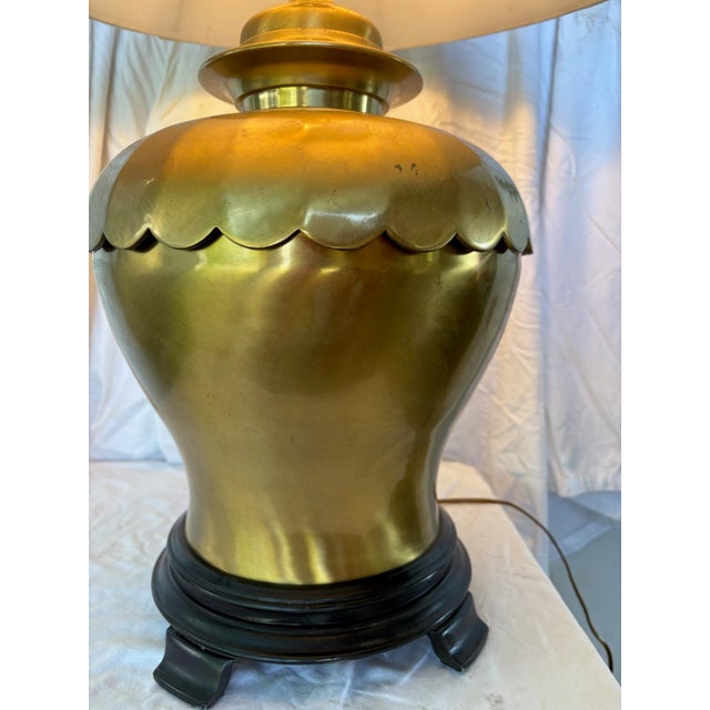 Mid-Century Modern Urn Style Brass Lamp With Champagne Softback Bell Lamp Shade, Scalloped Trim at the Top and 9223 Stamp on Bottom For Sale - Image 9 of 9