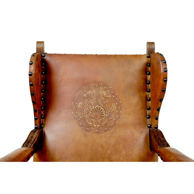 Animal Skin 19th Century Oak and Embossed Leather Armchairs, Set of 2 For Sale - Image 7 of 11