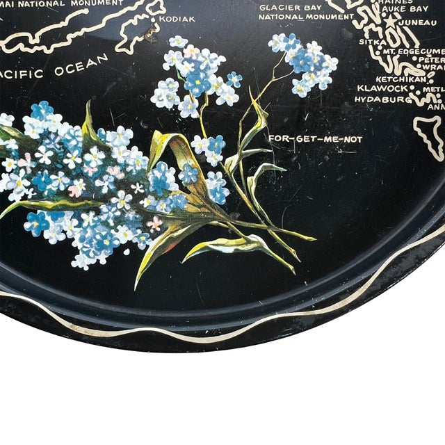 Mid 20th Century Round Alaska Tin Serving Tray in Black and Cream Mid Century For Sale - Image 4 of 7