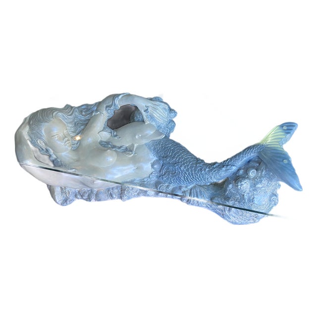 Vintage Mid Century Modern Sculptural Nude Mermaid Coffee Table and Dolphin For Sale