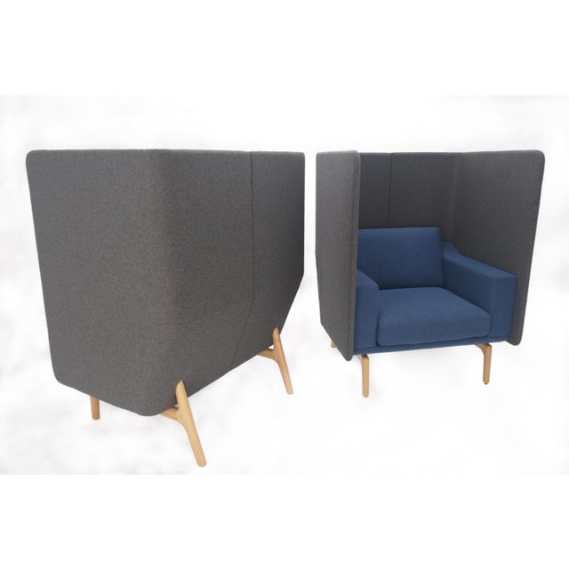 Pair Mid Century Modern Wingback Lounge Chairs Blue Grey Wool Upholstery MINT! For Sale - Image 13 of 18