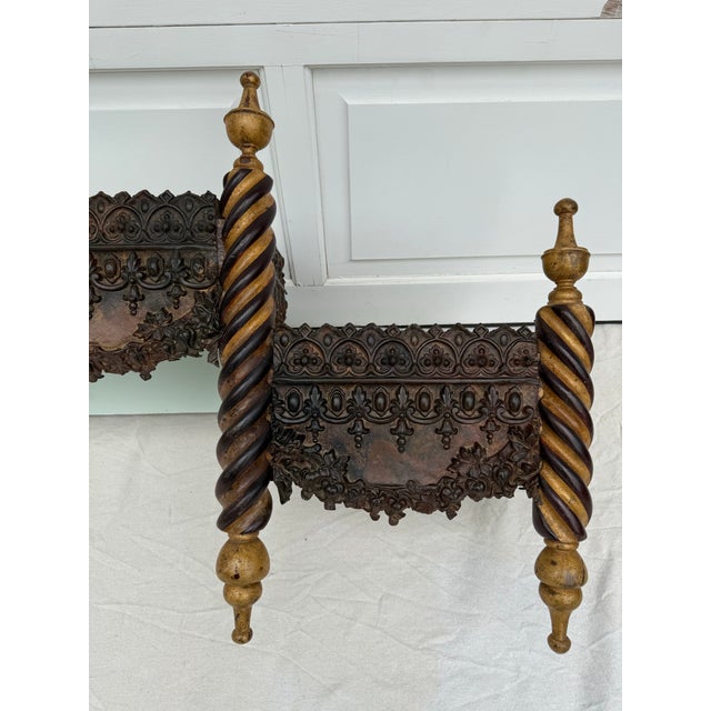Anglo-Indian Embossed Gold and Wood Wall-Mount Bed Canopy Curtain Valance For Sale In Los Angeles - Image 6 of 12