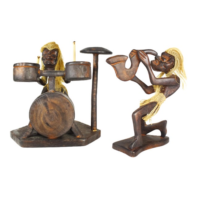 Vintage Hand Carved Wooden Folk Art Musician Playing Drum Saxophone Music Band For Sale