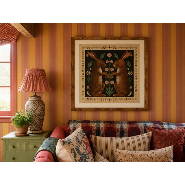 Atelier Aria Lumae Arts and Crafts Symmetrical Hares Folklore Fine Art Gallery Board Print With Integrated Floral Border Design 18 X 18 For Sale - Image 13 of 17