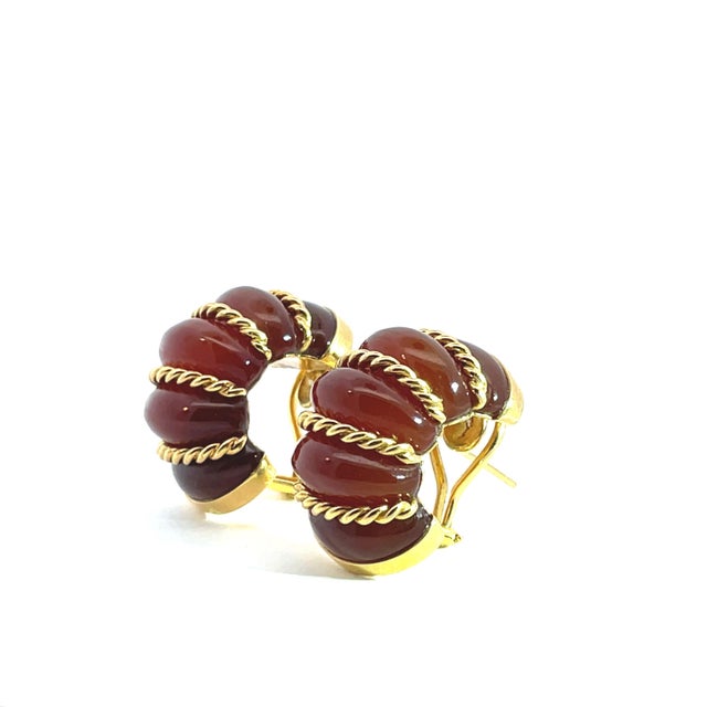 Brown Late 20th Century Pair of Seaman Schepps 18k Yellow Gold Carved Translucent Amber Shrimp Earclips For Sale - Image 8 of 9