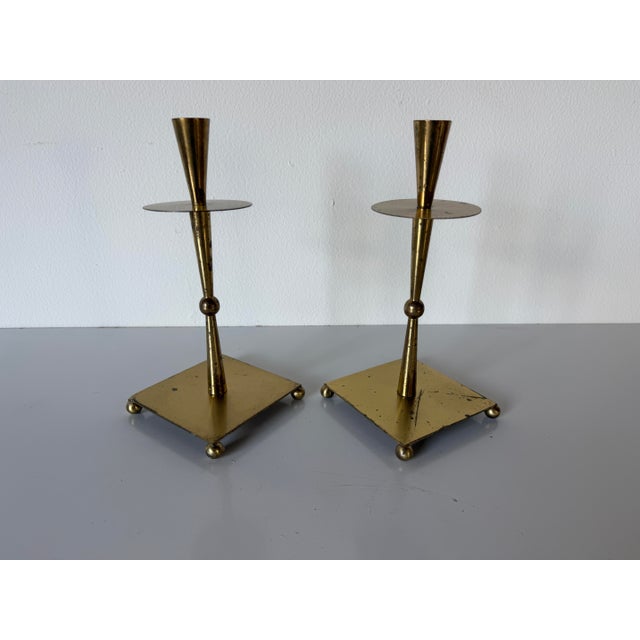 Mid-Century Modern 1970s Mid-Century Modern Brass & Metal Geometric Candle Holders – Pair For Sale - Image 3 of 12