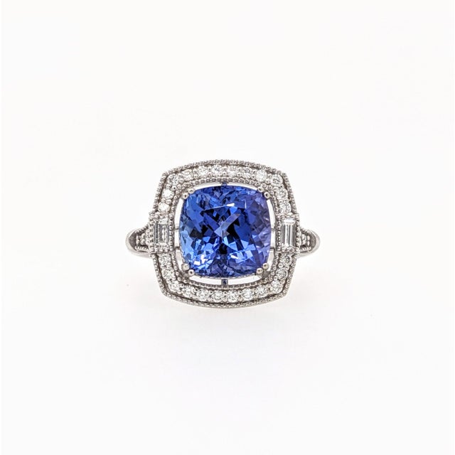 Metal 4Ct Tanzanite Ring With Natural Diamonds & Milgrain Detail in Solid 14k Gold, Size 6.75 For Sale - Image 7 of 8