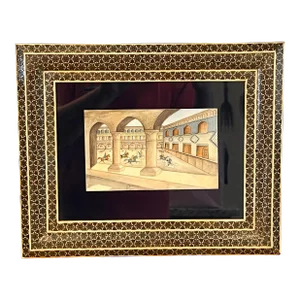 Vintage Persian Handmade Khatam Frame W/ Chovgan Game Painting