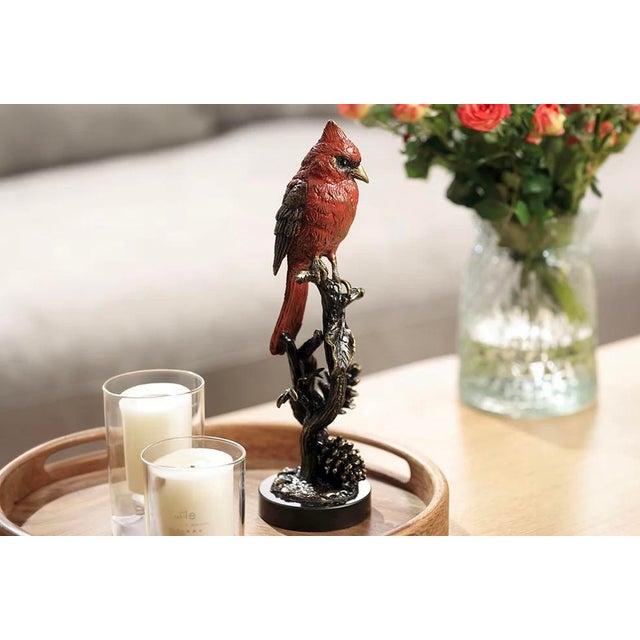 Contemporary Brass Scarlet Solstice Red Cardinal Perched With Pinecones Figurine Sculpture For Sale - Image 3 of 8