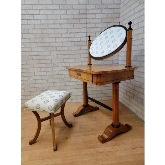 Antique Biedermeier Style Cherrywood Oval Swing Mirror Vanity With Stool For Sale In Chicago - Image 6 of 11