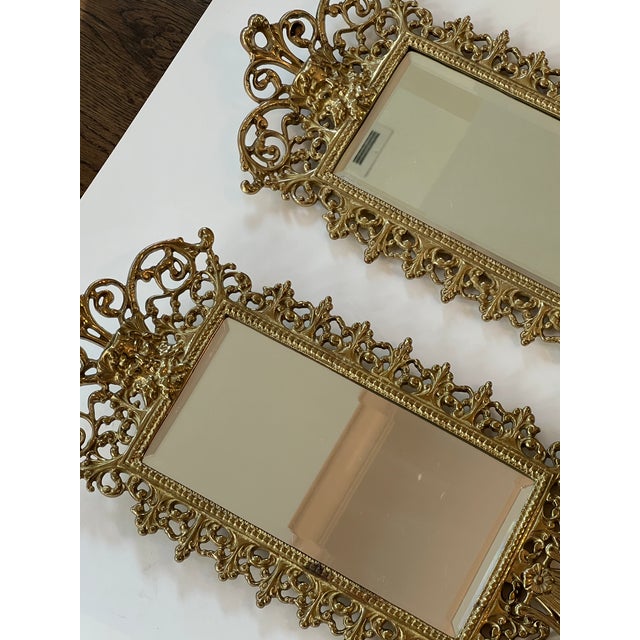 1970s Vintage Pair Italian Bacchus Brass Mirror Wall Hanging Sconces Candleholders For Sale - Image 5 of 12