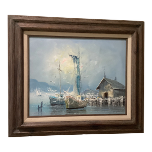 1980s Vintage Seascape Oil Painting on Canvas "Morning Boats" by K. Thomas, Framed