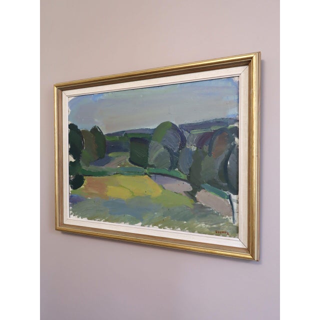 Mid 20th Century Mid-Century Modern 'Fields Beyond' Vintage Swedish Semi-Abstract Landscape Oil Painting, Framed For Sale - Image 5 of 13