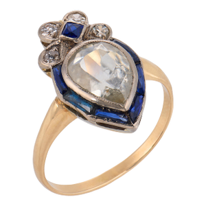 19th Century Victorian Paste Diamond Synthetic Sapphire 14k Gold Ring, Size 6.25