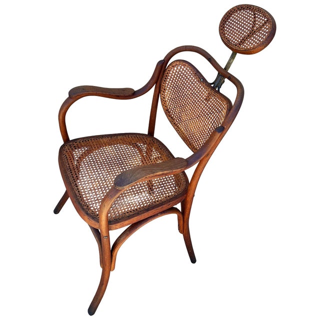 Traditional Rare Late Victorian Bent Oak and Brass Barbers Chair With Cane Seat, Austria For Sale - Image 3 of 7