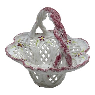 Small Pink and White Reticulated Ceramic Basket Made in Portugal For Sale