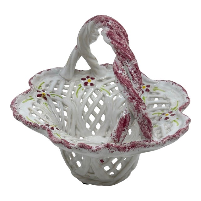 Small Pink and White Reticulated Ceramic Basket Made in Portugal For Sale