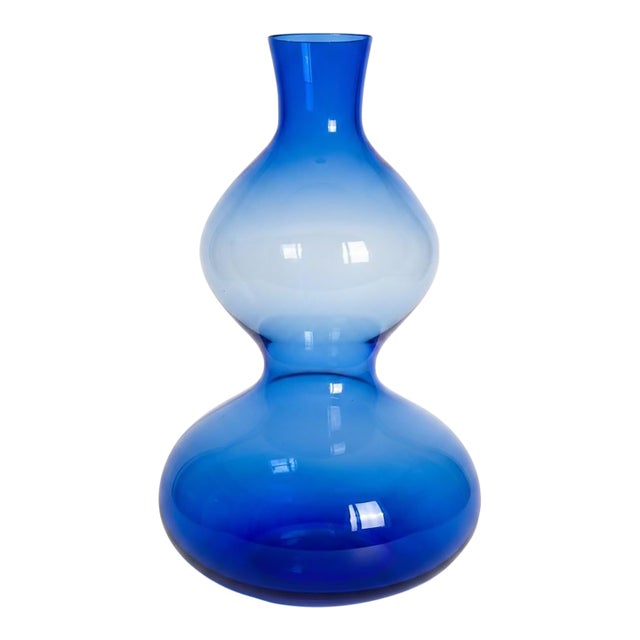 Vintage Hand Blown Blue Studio Art Glass Vase-Translucent-Double Gourd-Bottle For Sale