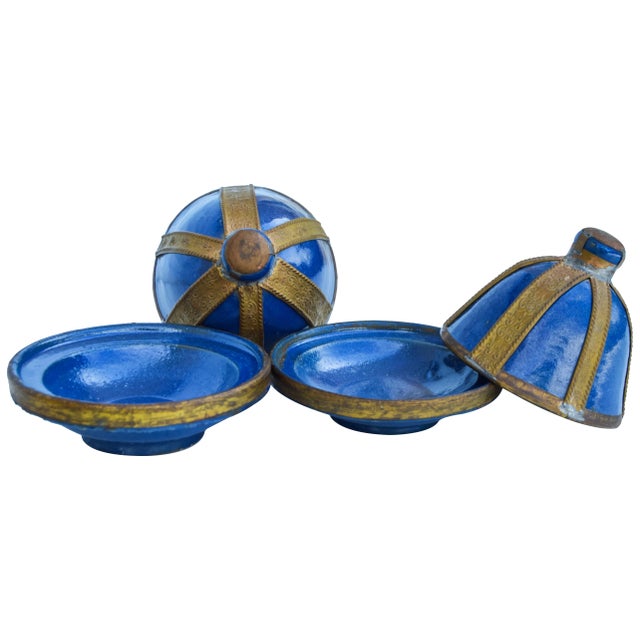 Blue Lidded Bowls W/ Brass Inlay, S/2 For Sale - Image 4 of 7