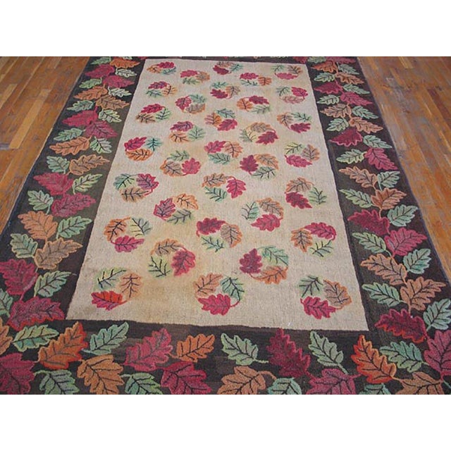 1900s Ivory Brown Foliate Antique American Hooked Rug 6' 0'' X 8' 10'' Handknotted Wool Carpet For Sale - Image 4 of 6