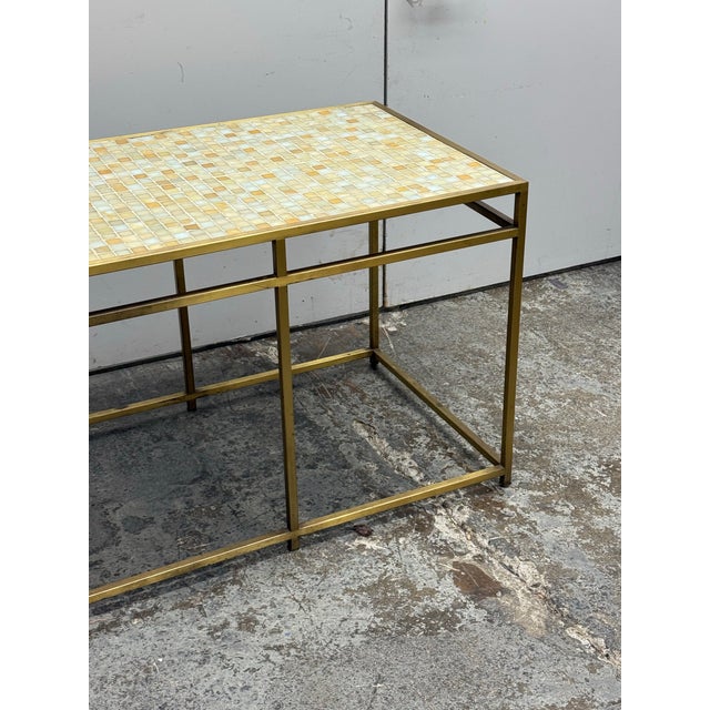 Union-Made Mosaic Tile Top Brass-Tone Console Table, Vintage For Sale - Image 10 of 12