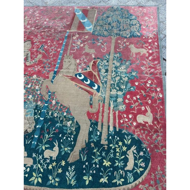 Antique French Screen Printed Tapestry Lady and Licorn, 1950s For Sale - Image 10 of 18