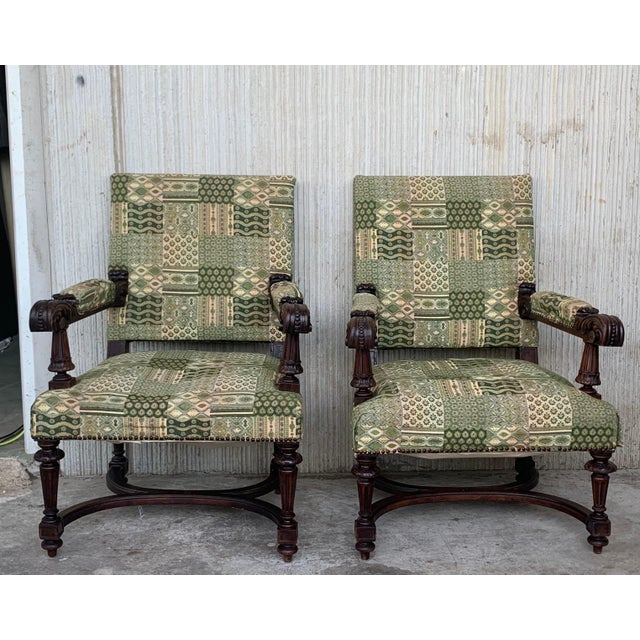 Louis XVI Style Spanish Pair of Carved Walnut Armchairs, 1900s For Sale - Image 16 of 18