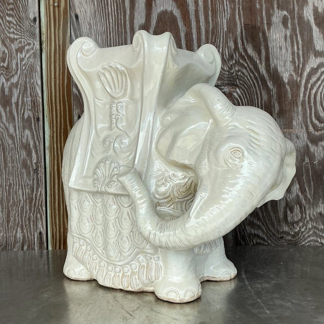 Vintage Boho Glazed Ceramic Elephant Low Stool For Sale In West Palm - Image 6 of 9