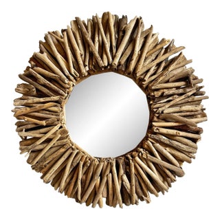 Vintage Driftwood Round Sun Wall Mirror For Sale
