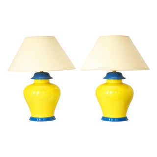 French Yellow and Cobalt Blue Glazed Ceramic Table Lamps, 20th Century, Set of 2 For Sale