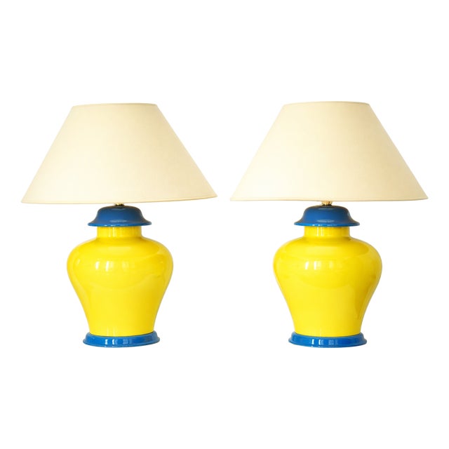 French Yellow and Cobalt Blue Glazed Ceramic Table Lamps, 20th Century, Set of 2 For Sale