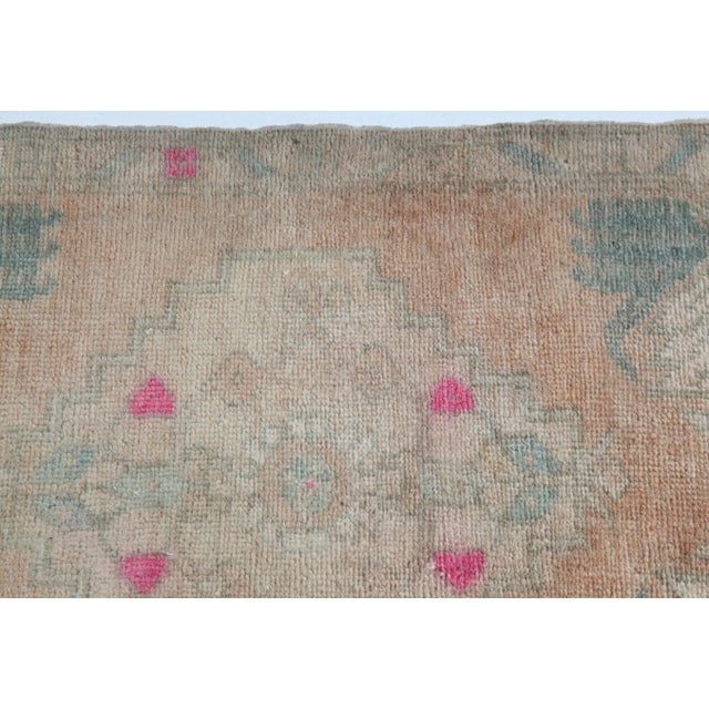 Blush Vintage Turkish Door Mat Rug With Soft Teal & Blush Motifs For Sale - Image 8 of 9