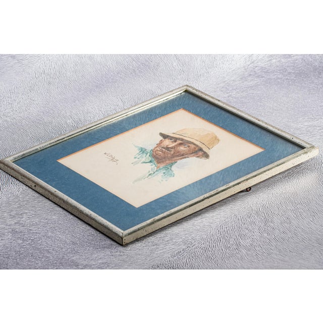 Framed Mid-Century Figurative Vintage Artwork Watercolor Painting Portrait of a Man Mustache Hat For Sale - Image 10 of 12