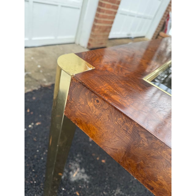 1970s Burl Wood and Brass Dining Table With Glass Insets in the Style of Milo Baughman For Sale In Philadelphia - Image 6 of 11