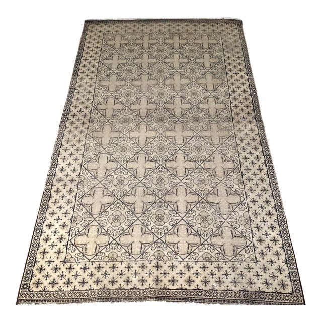 Vintage Turkish Rug: Beige & Dark Brown Geometric Wool Rug | 4'x7' For Sale