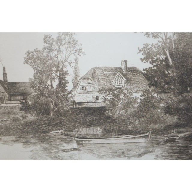 Black Antique Ernest C Rost Country Lake House Cottage Canoe Landscape Etching 39" For Sale - Image 8 of 12