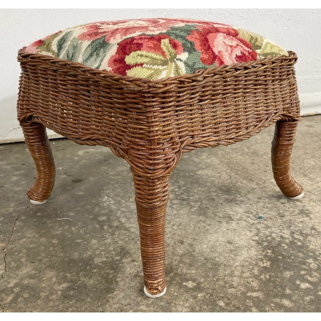 Vintage Wicker Stool With Floral Needlepoint For Sale In Kansas City - Image 6 of 10