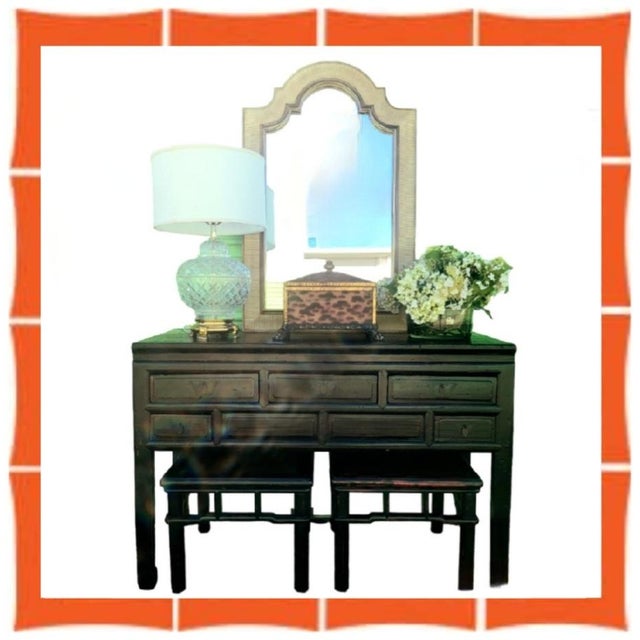 Wood Vintage Black Rustic 5 Drawer Butterfly Hardware Ming Style Leg Console Table For Sale - Image 7 of 11