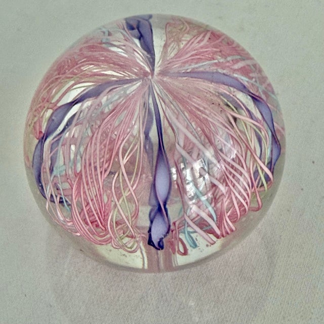 Mid-Century Modern Late 20th Century Murano Style Pink and Lavender Latticino Ribbon Glass Paperweight For Sale - Image 3 of 5